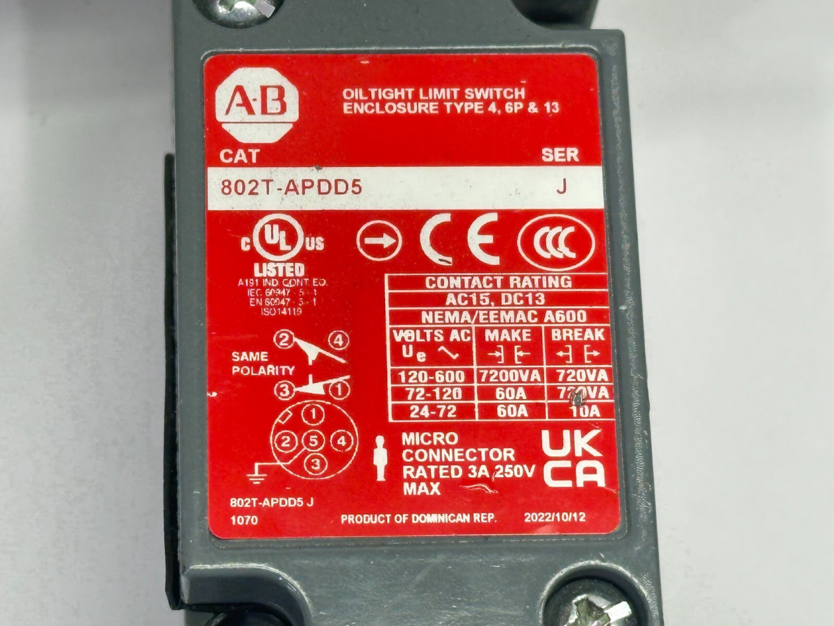 802T-APDD5 | Allen Bradley Ser J Metal Plug-In Oiltight Limit Switch 10A 600VAC - Used - Maverick Industrial Sales