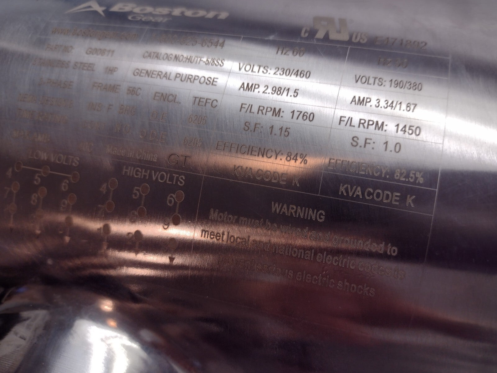 Boston Gear HUTF-5/8SS TEFC 56C IP69K 3PH 230/460V 1HP 1750 RPM S.F: 1.15 - Maverick Industrial Sales