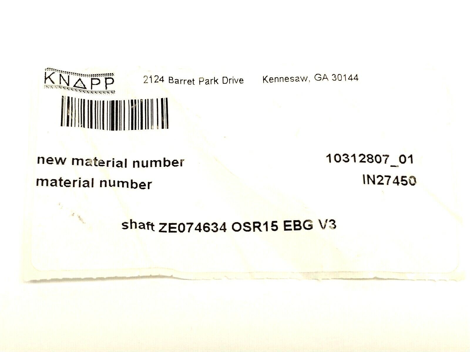 Knapp ZE074634 OSR15 EBG V3 Sprocket Shaft IN27450 10312807_01 - Maverick Industrial Sales