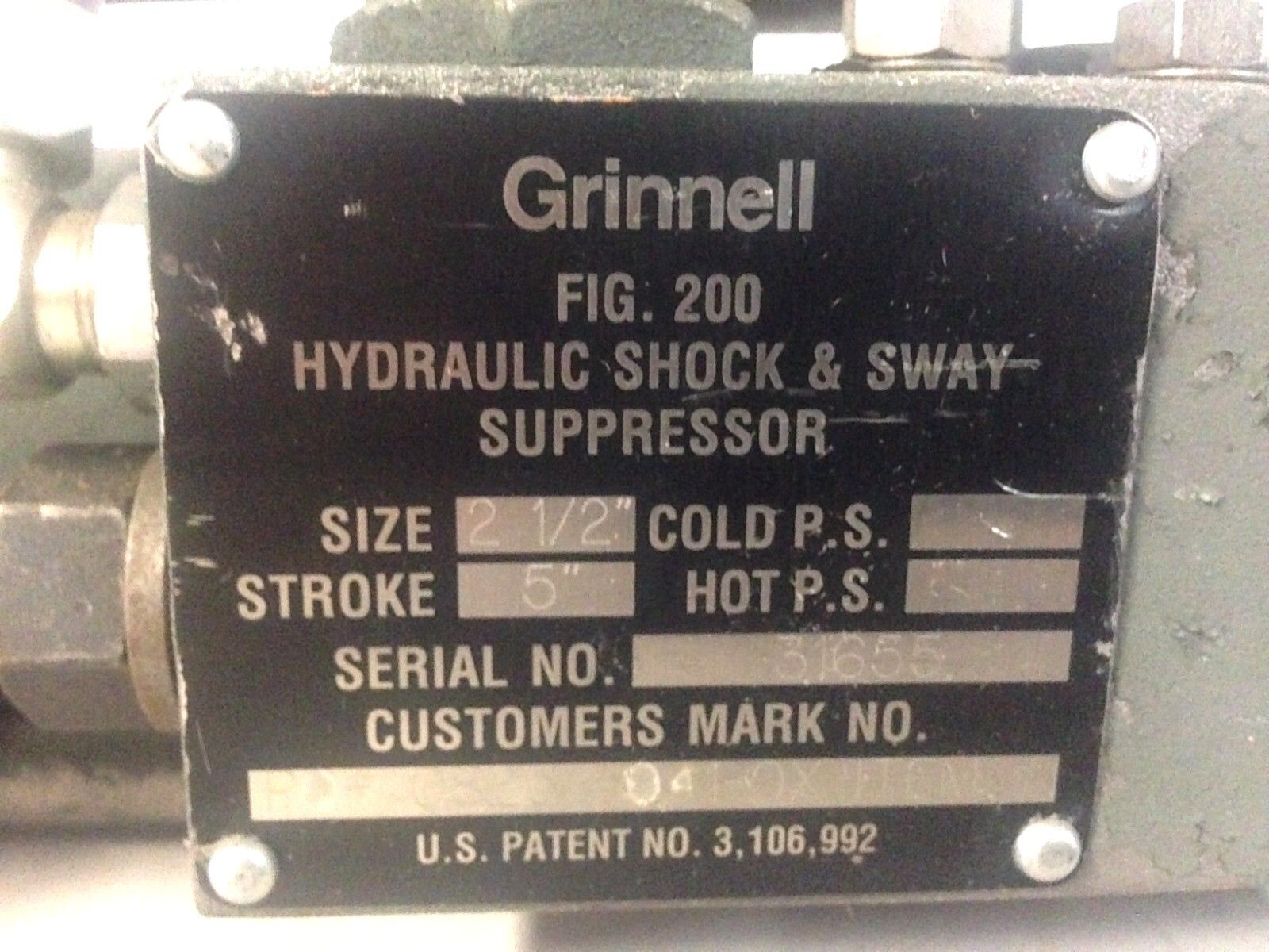 Grinnell Fig. 200 Hydraulic Shock Sway Suppressor Cylinder 2-1/2" x 5" Inch - Maverick Industrial Sales