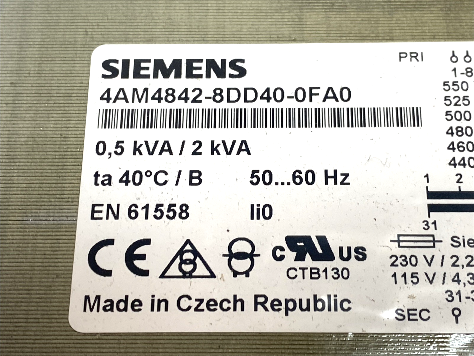 Siemens 4AM4842-8DD40-0FA0 Transformer Multi-Tap 208-550VAC - Maverick Industrial Sales