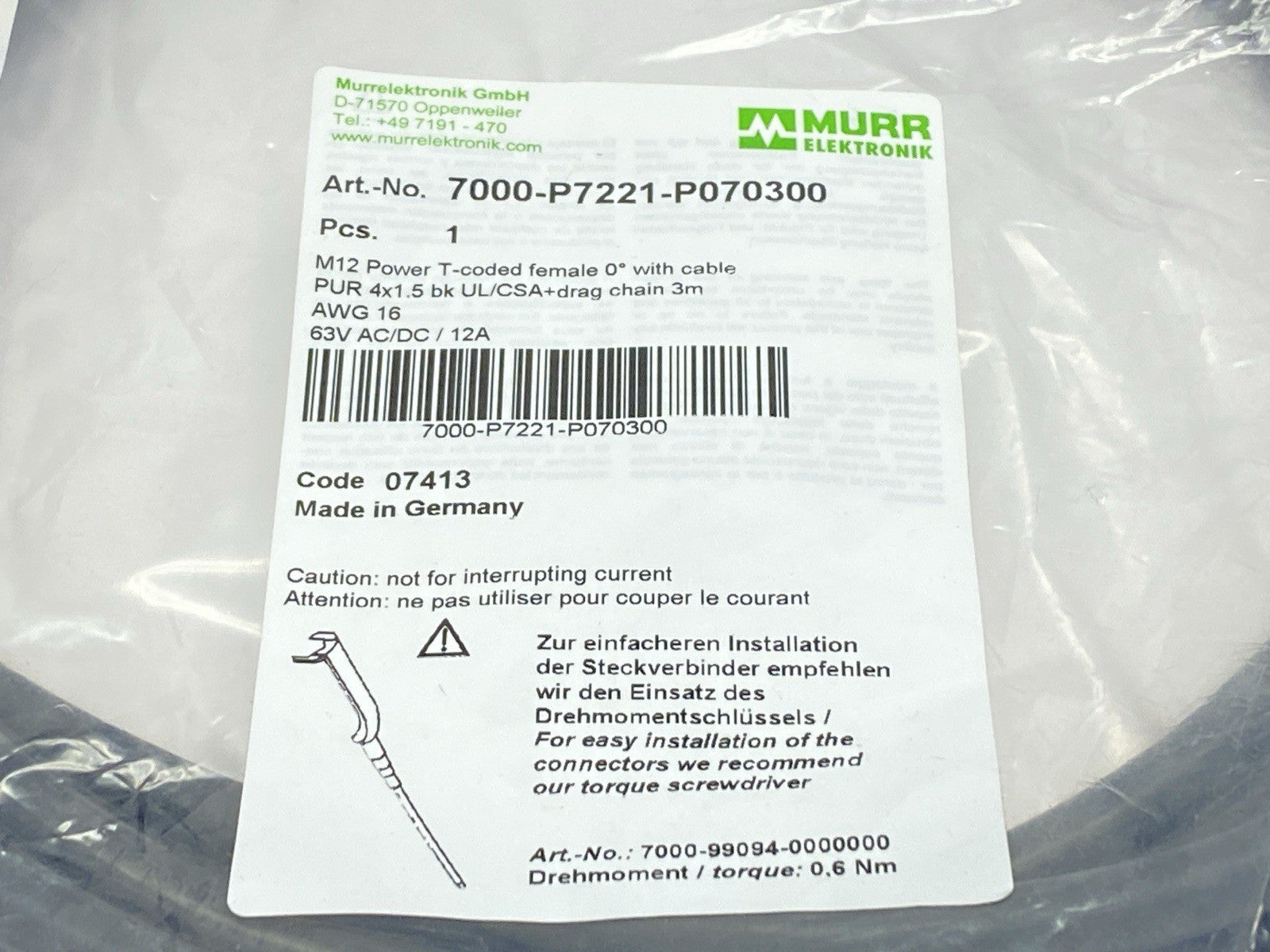 7000-P7221-P070300 | Murr Elektronik Female M12 Power Connector With Cable 3m - New - Maverick Industrial Sales