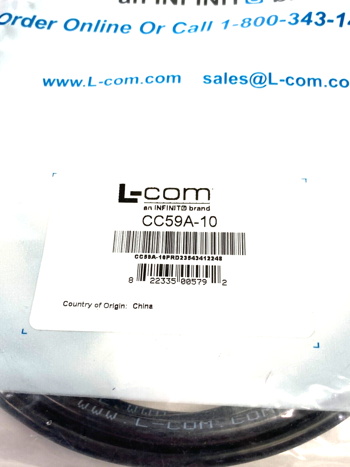L-Com CC59A-10 Coaxial Cable BNC Male/ Male 10' Length - Maverick Industrial Sales
