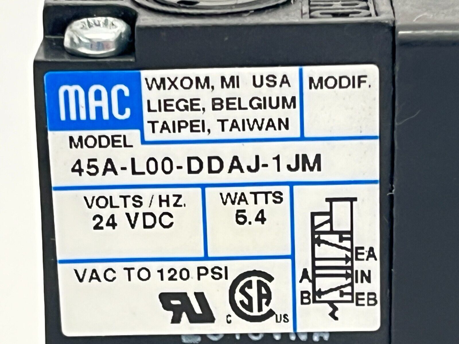 Mac Valves 45A-L00-DDAJ-1JM Solenoid Valve 24VDC w/ MURR 7000-42081 Connector - Maverick Industrial Sales