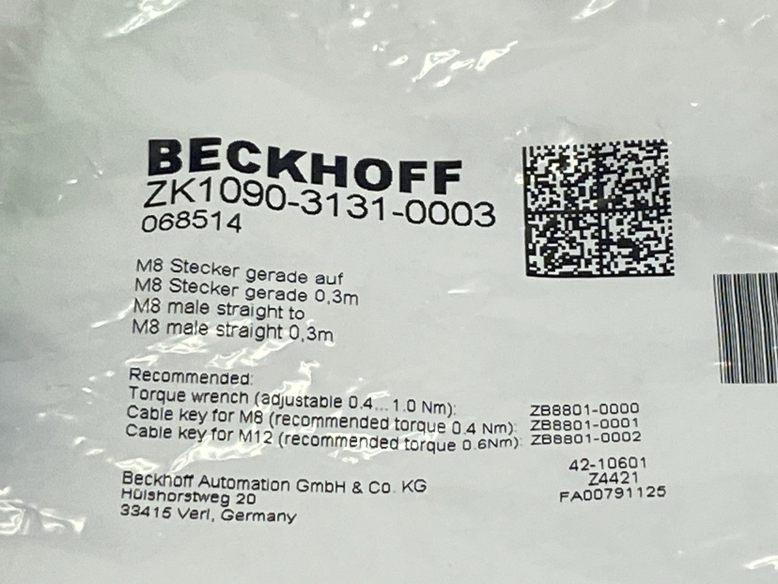 Beckhoff ZK1090-3131-0003 Industrial Ethernet Cable Male M8 4-Pin 0.3m 068514 - Maverick Industrial Sales