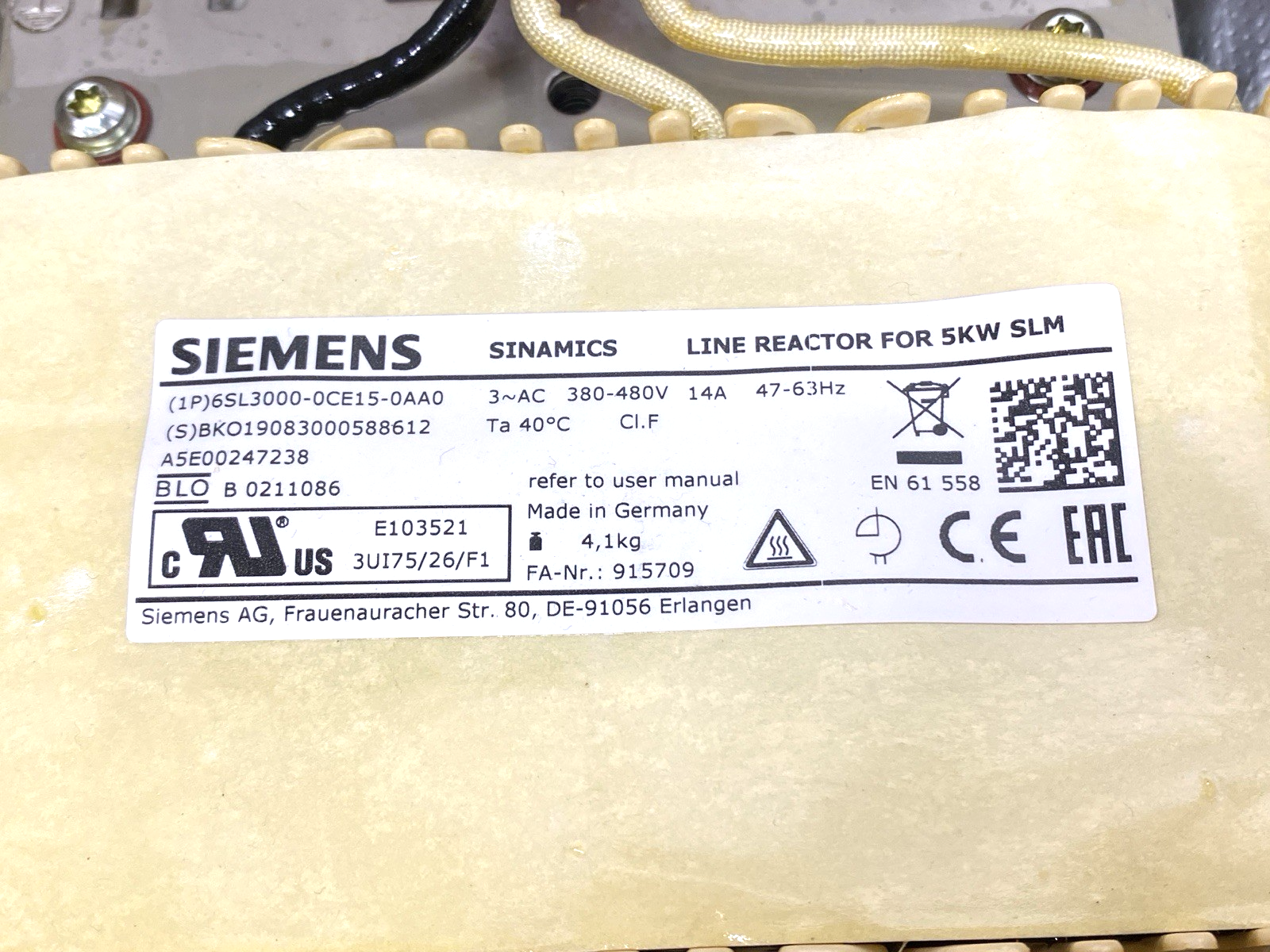 Siemens 6SL3000-0CE15-0AA0 SINAMICS Line Reactor Transformer for 5kW SLM 14A - Maverick Industrial Sales