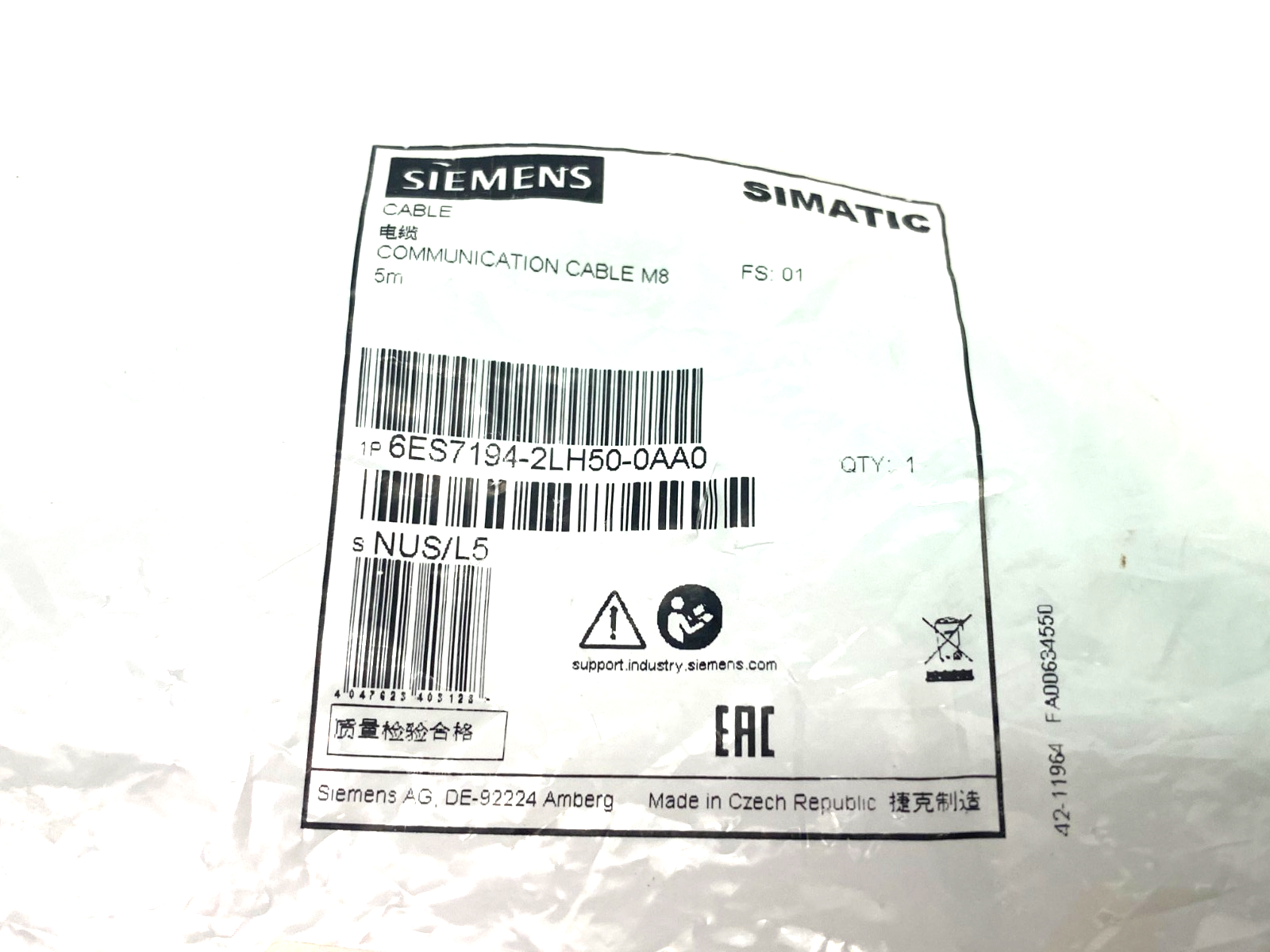 Siemens 6ES7194-2LH50-0AA0 SIMATIC Communication Bus Cable 5m Length M8 Conn. - Maverick Industrial Sales