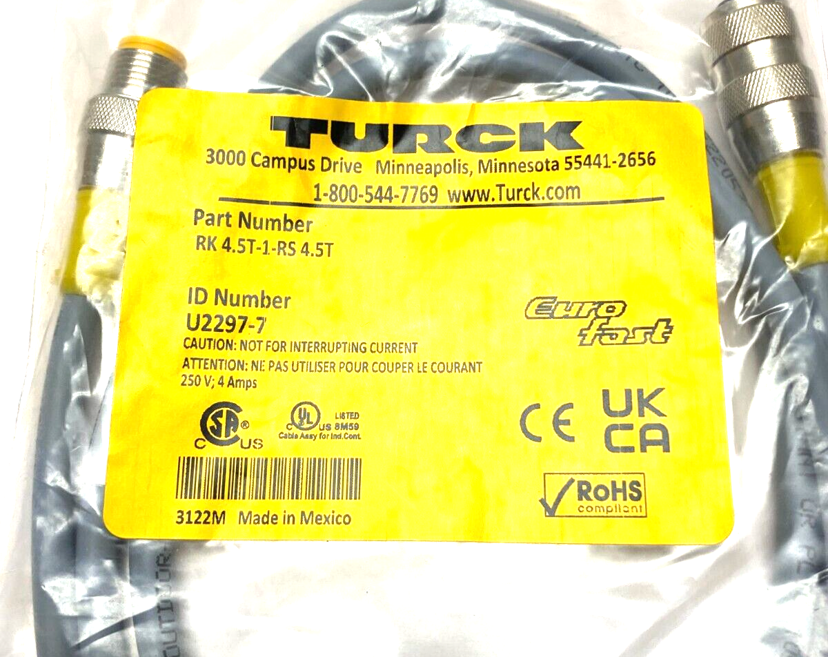 Turck RK 4.5T-1-RS 4.5T Eurofast Double Ended Cordset U2297-7 - Maverick Industrial Sales