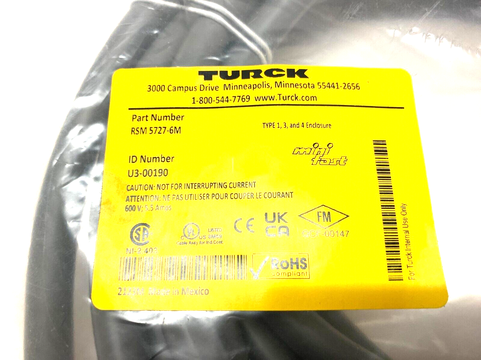 Turck RSM 5727-6M Minifast Single Ended Cordset 7/8-16 Male U3-00190 - Maverick Industrial Sales