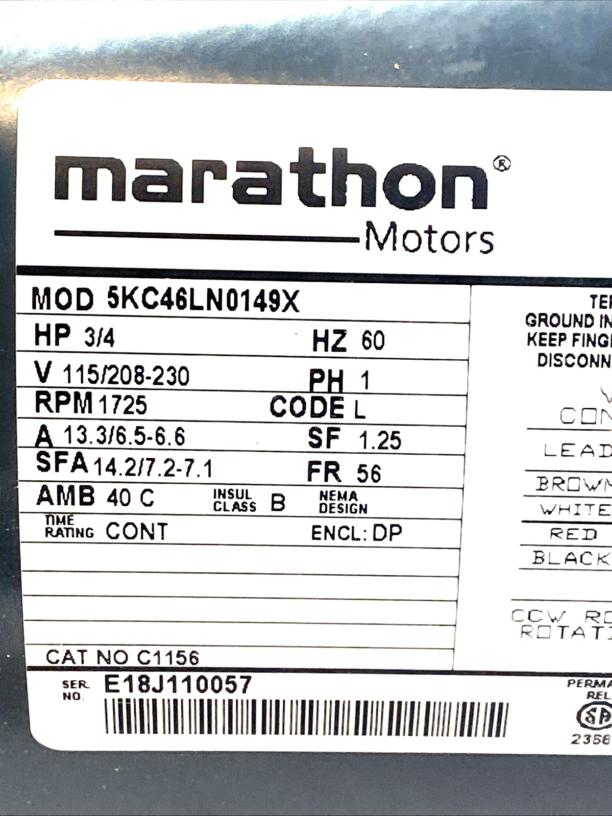 5KC46LN0149X | Marathon Motor 3/4HP 1725RPM 56 Frame 115/208-230V 1PH TOP DENT - New – Open box - Maverick Industrial Sales