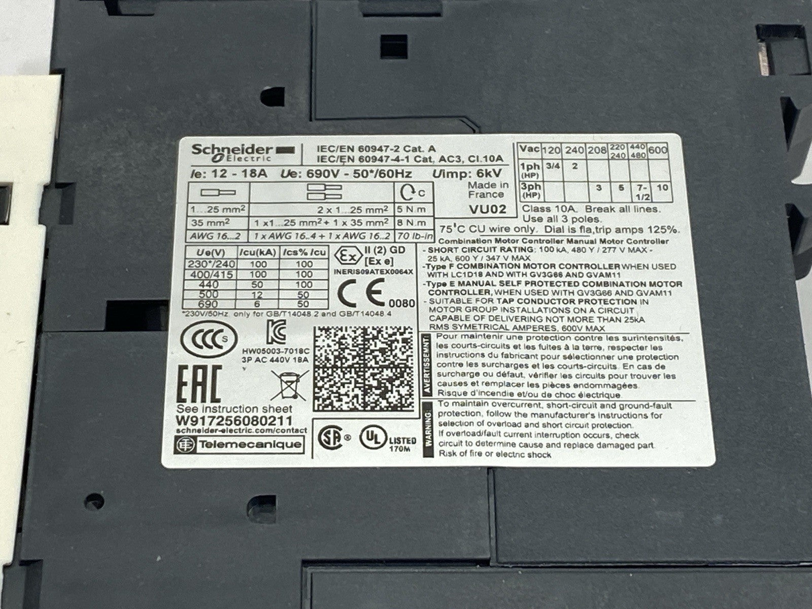 Schneider Electric GV3P18 Motor Circuit Breaker Manual Starter 12-18A - Maverick Industrial Sales