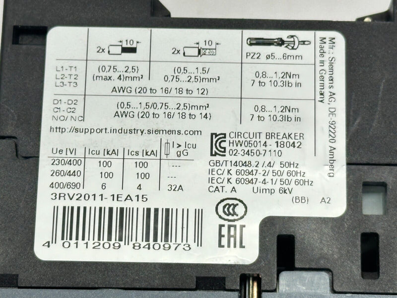 Siemens 3RV2011-1EA15 Sirius Motor Protection Circuit Breaker 2.8-4A 600V - Maverick Industrial Sales