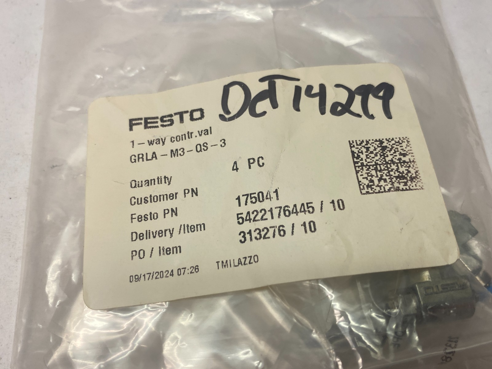 Festo GRLA-M3-QS-3 One-Way Flow Control Valve 175041 PKG OF 4 - Maverick Industrial Sales