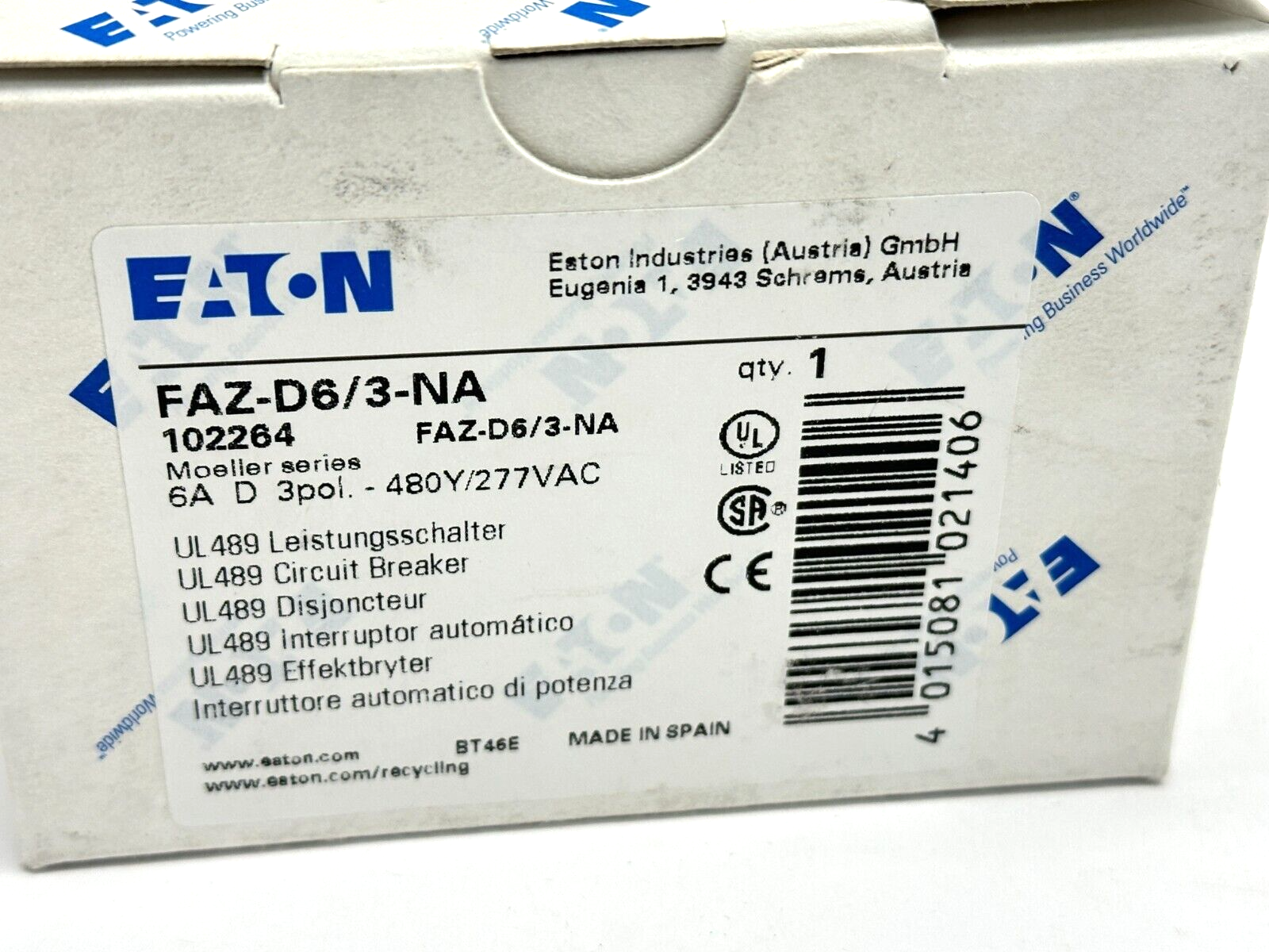Eaton FAZ-D6/3-NA UL489 Circuit Breaker 6A 480Y/277VAC 3-Pole 102264 - Maverick Industrial Sales