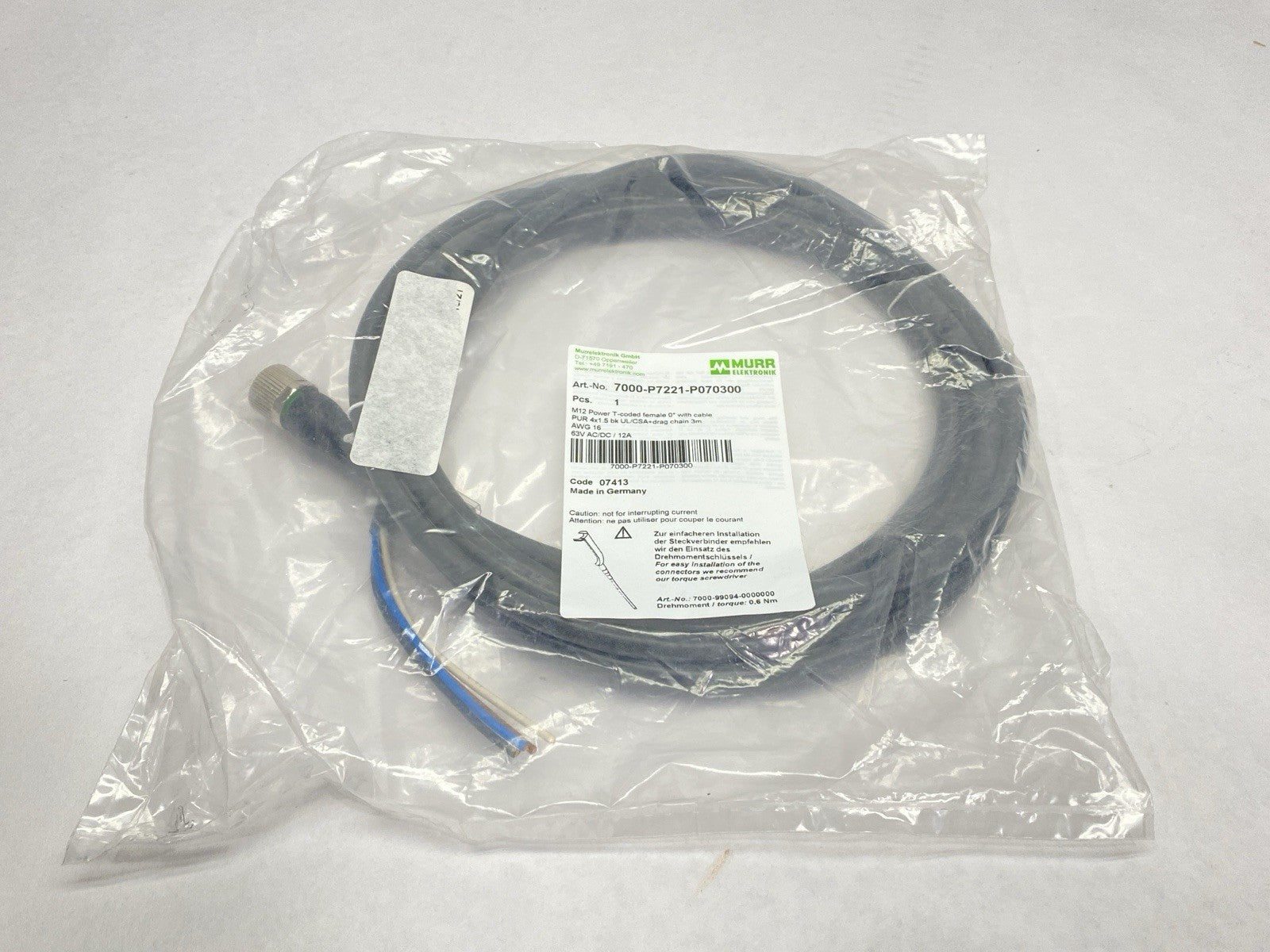 7000-P7221-P070300 | Murr Elektronik Female M12 Power Connector With Cable 3m - New - Maverick Industrial Sales