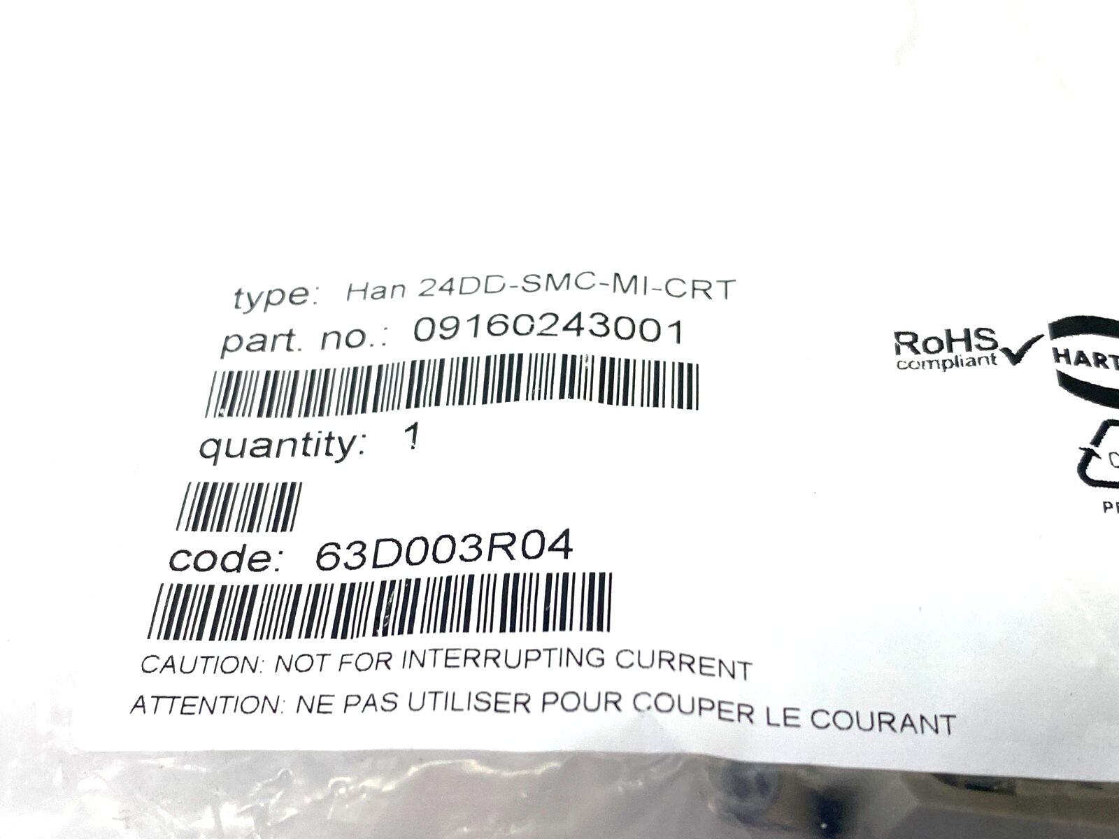 Harting 09160243001 Rectangular Crimp Termination Insert Han 24DD-SMC-MI-CRT - Maverick Industrial Sales