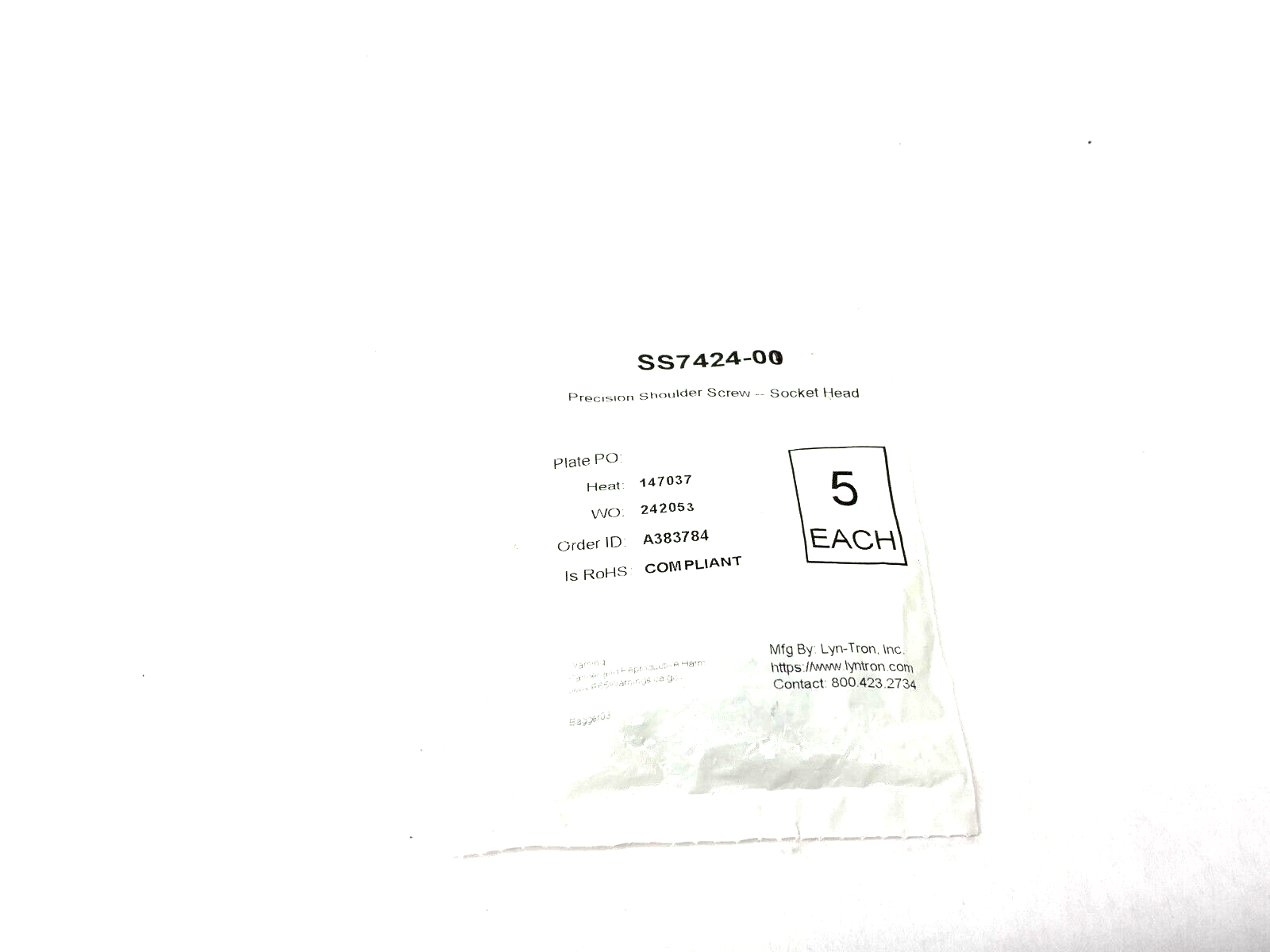 Lyn-Tron SS7424-00 Precision Socket Head Shoulder Screw PKG OF 5 - Maverick Industrial Sales