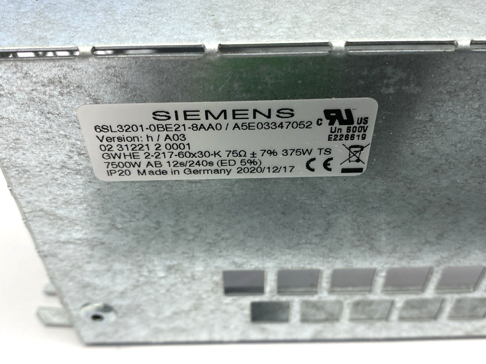 Siemens 6SL3201-0BE21-8AA0 SINAMICS Braking Resistor 75 Ohm 375W 480VAC - Maverick Industrial Sales