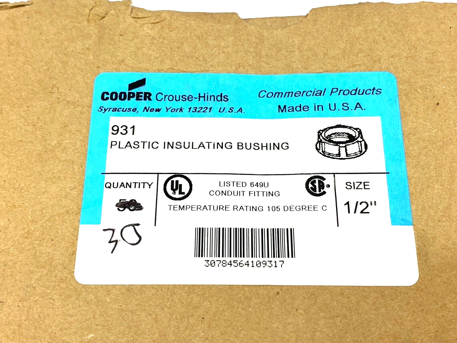Cooper Crouse Hinds 931 Plastic Insulating Sealing Bushing GRAY 1/2" BOX OF 30 - Maverick Industrial Sales