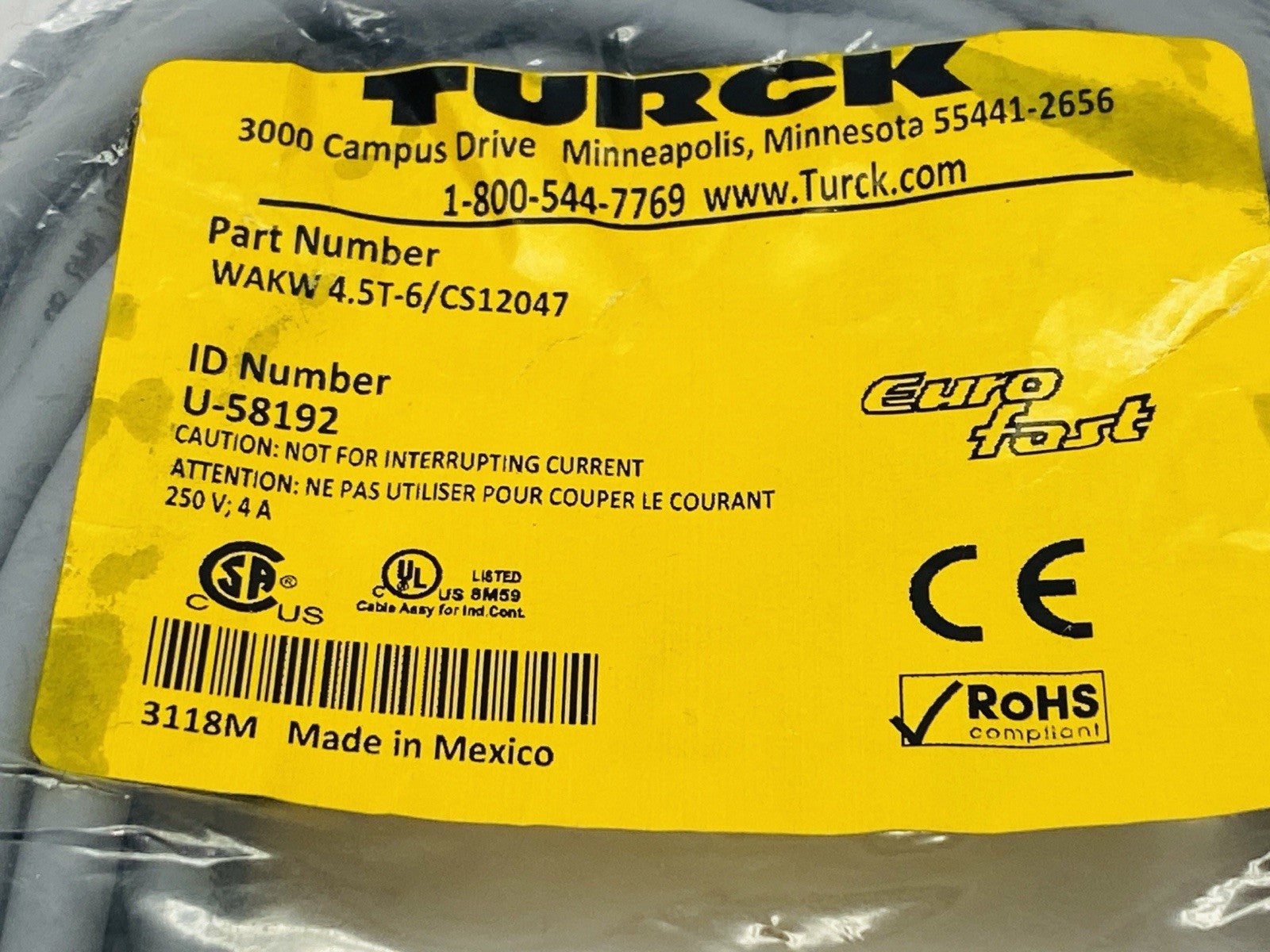 Turck WAKW 4.5T-6/CS12047 Single Ended Cordset Female M12 4-Pin 6m U-58192 - Maverick Industrial Sales