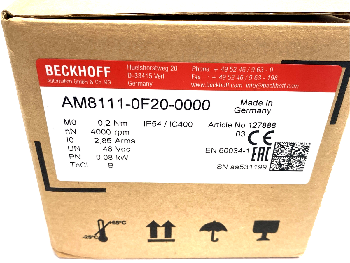 AM8111-0F20-0000 | Beckhoff Servomotor 0.20 Nm 4000rpm 48VDC 0.08kW 40mm Flange - New - Maverick Industrial Sales