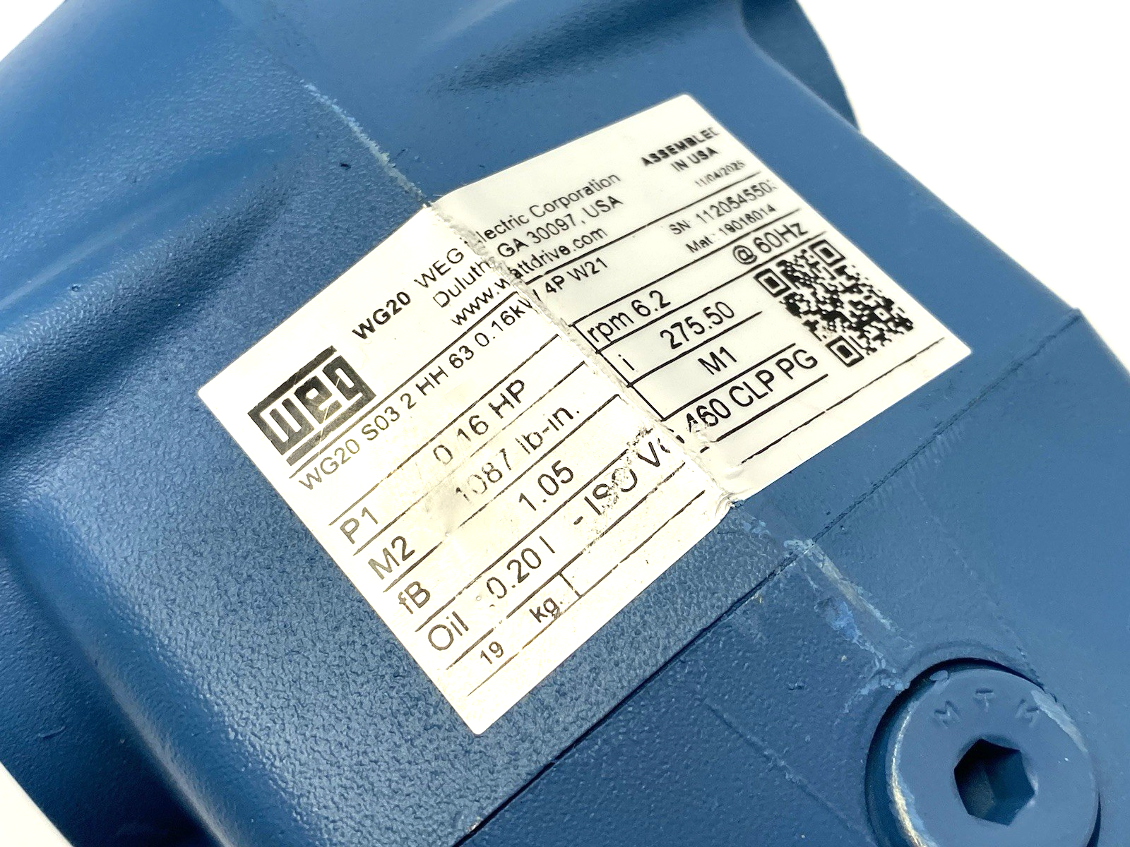 WG20 S03 S HH 63 0.16kW 4P W21 | Weg Helical Worm Geared Motor 19016014 - New – Open box - Maverick Industrial Sales