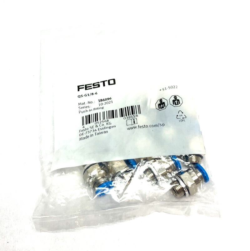 Festo QS-G1/8-6 Push-In Fitting Male Thread 6mm OD Tube 186096 PKG OF 10 - Maverick Industrial Sales