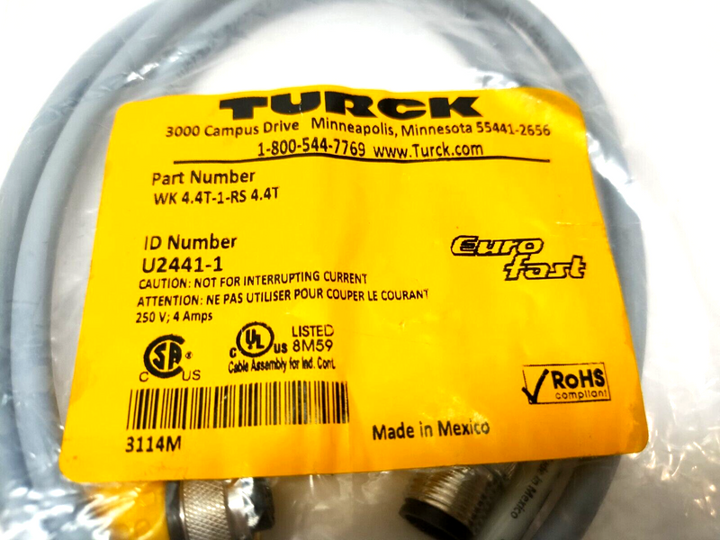 Turck WK 4.4T-1-RS 4.4T Cordset M12 Angle Female 4-Pin To M12 Male 1m U2441-1 - Maverick Industrial Sales