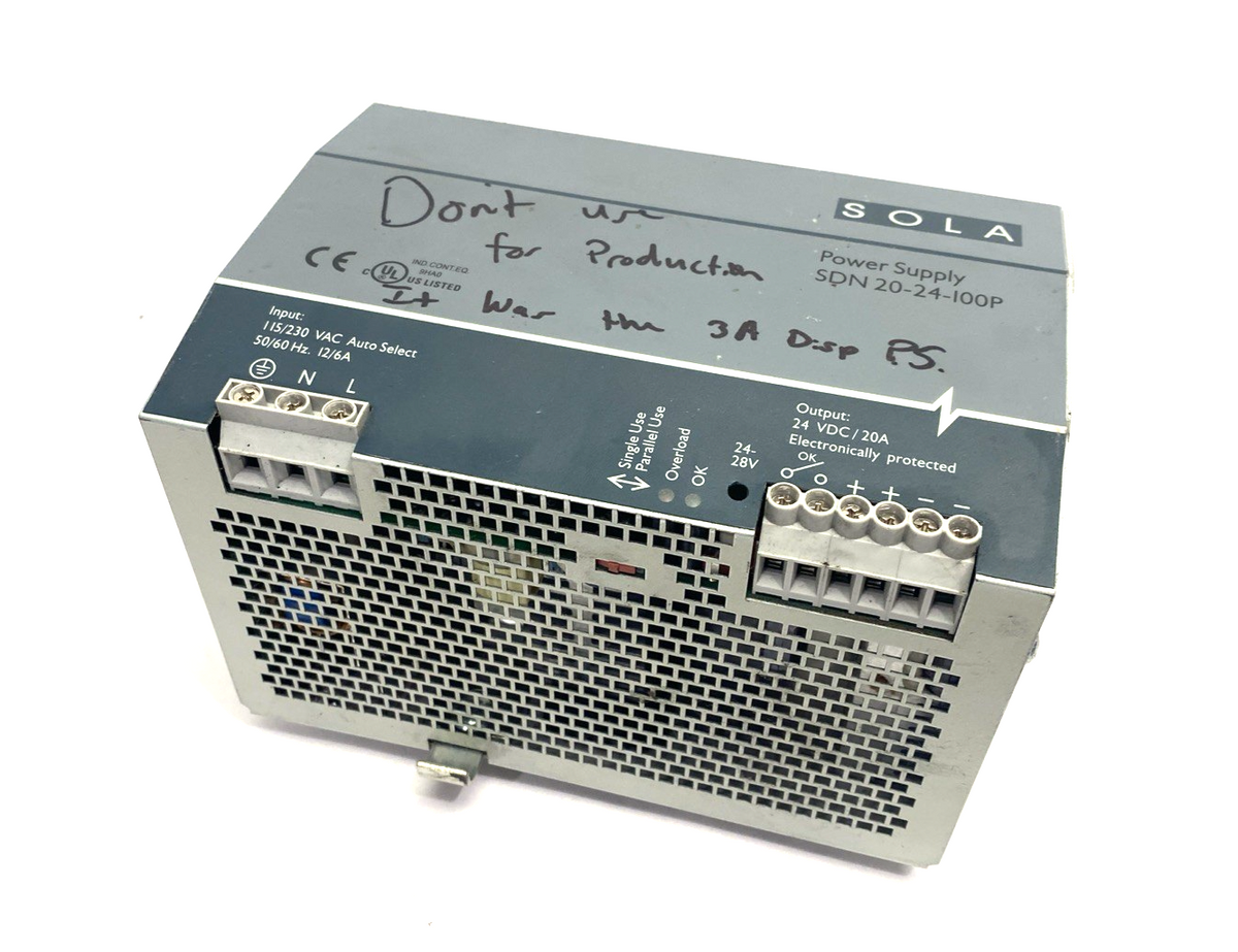 Sola SDN 20-24-100P Power Supply 115/230VAC 24VDC 10A - Maverick Industrial Sales