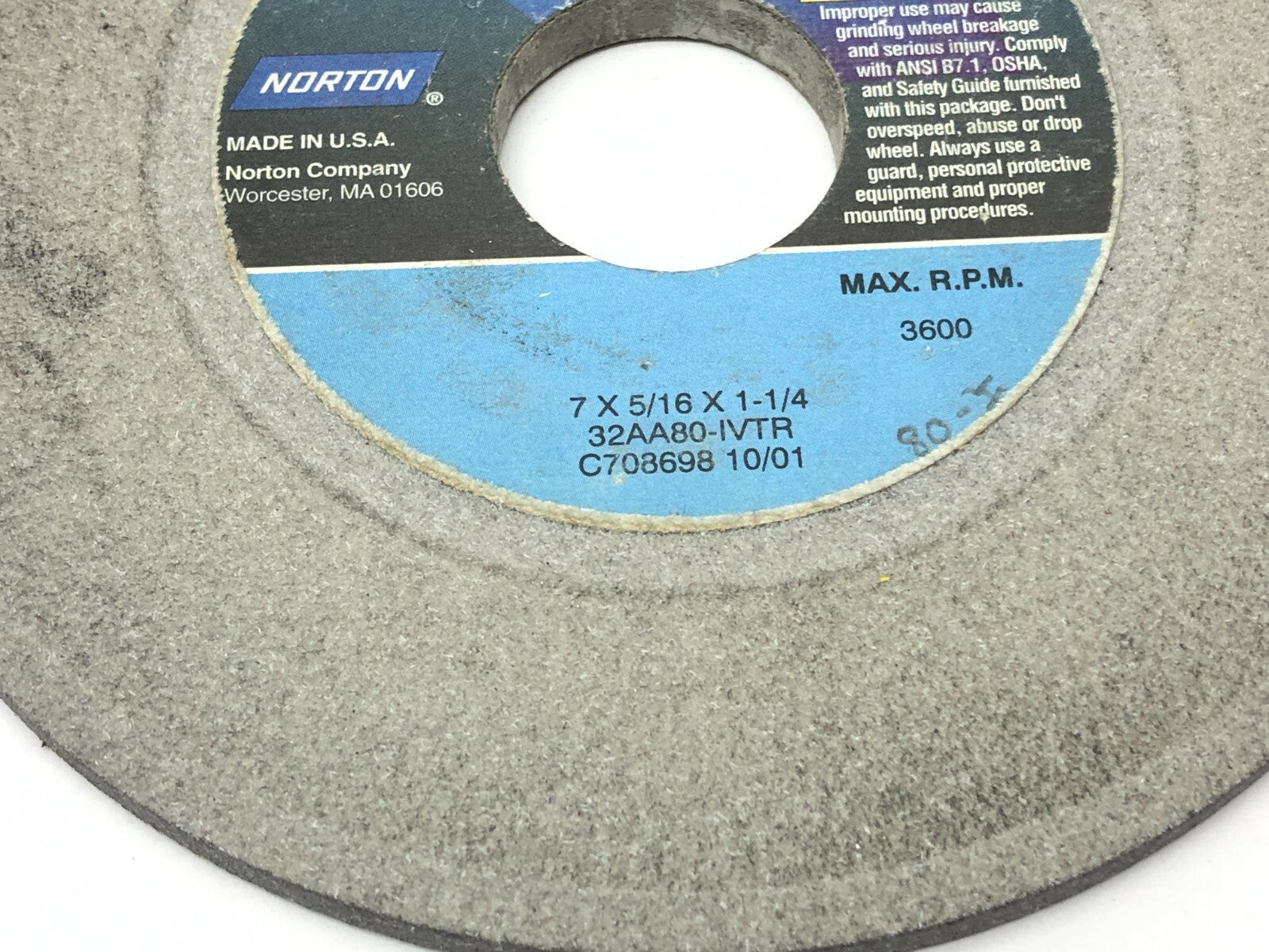 Norton 32AA80-IVTR Grinding Wheels 1-1/4" Bore 3600 RPM LOT OF 5 - Maverick Industrial Sales