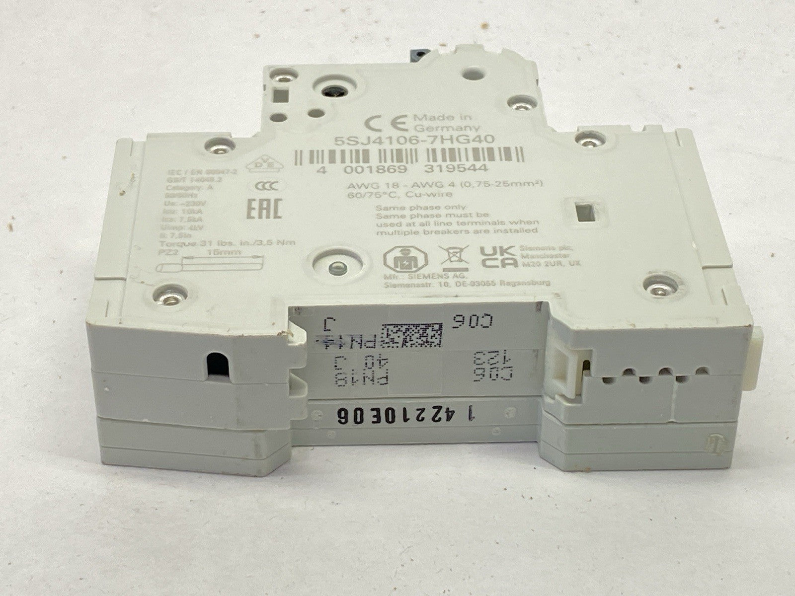 Siemens 5SJ4106-7HG40 Miniature Circuit Breaker 240V 1P 6A w/ 5ST3010 Switch - Maverick Industrial Sales