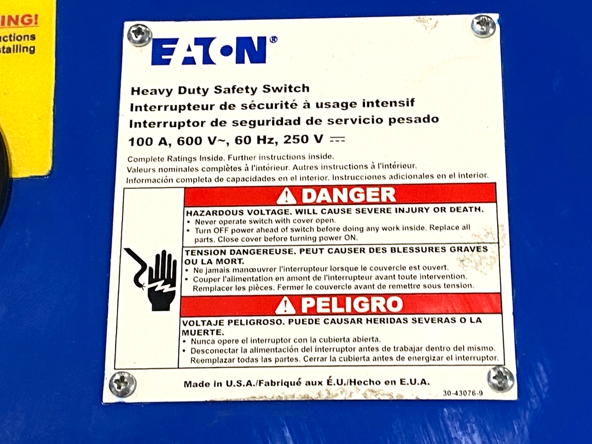 OLI363FDJB-0000 | Eaton OEM Line Isolation Safety Switch 600V 100A PAINTED BLUE - For parts or not working - Maverick Industrial Sales
