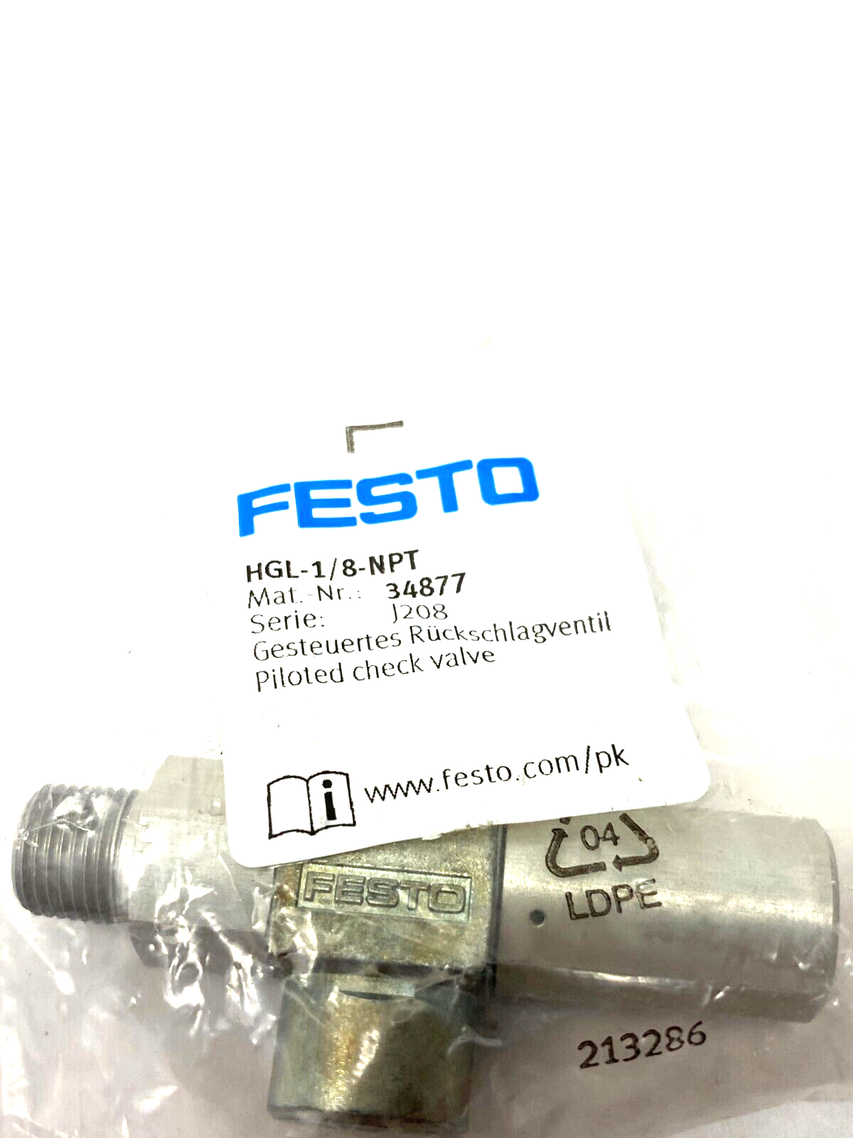Festo HGL-1/8-NPT Piloted Check Valve J208, 34877 - Maverick Industrial Sales