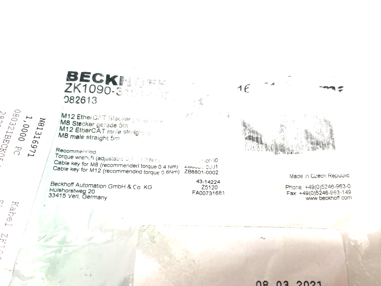 Beckhoff ZK1090-3161-0050 Double Ended EtherCAT Cable M12 to M8 4-Pin 082613 - Maverick Industrial Sales