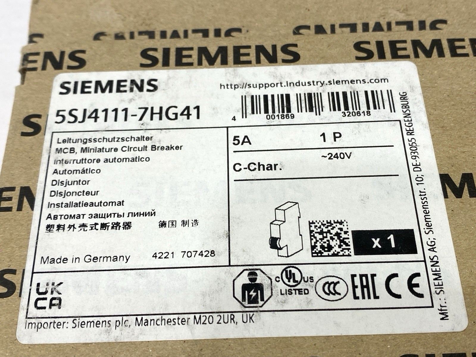Siemens 5SJ4111-7HG41 Miniature Circuit Breaker 1-Pole C-Trip 240V 14kA 5A - Maverick Industrial Sales