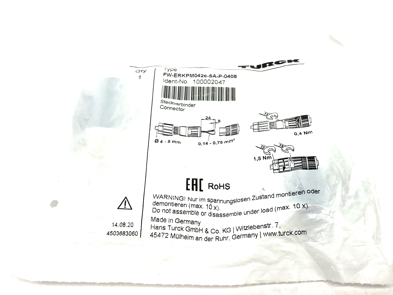 Turck FW-ERKPM0426-SA-P-0408 Field Wireable Connector Female Straight 100002047 - Maverick Industrial Sales