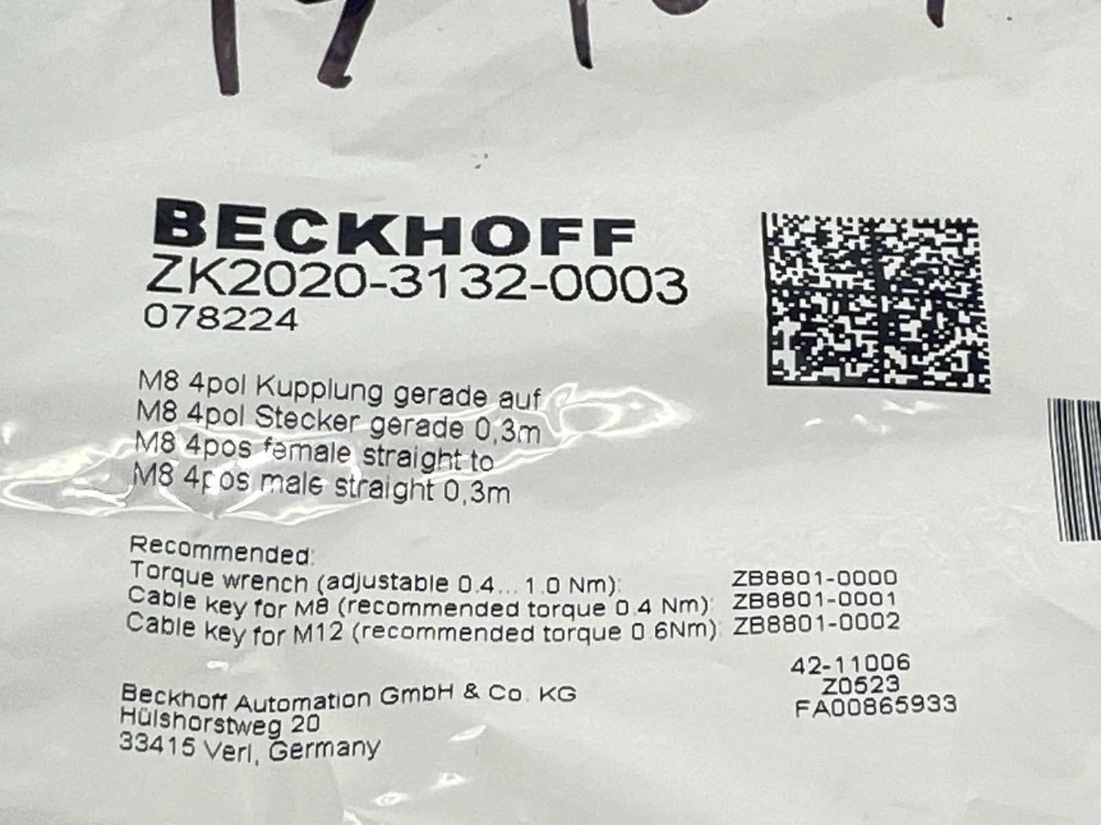 Beckhoff ZK2020-3132-0003 Power Cable Male/Female M8 4-Pin 0.3m 078224 - Maverick Industrial Sales