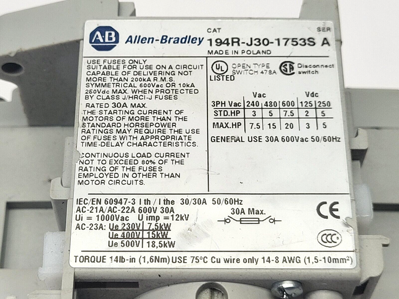 Allen Bradley 194R-J30-1753S Ser. A Rotary Disconnect Switch 30A 3P - Maverick Industrial Sales