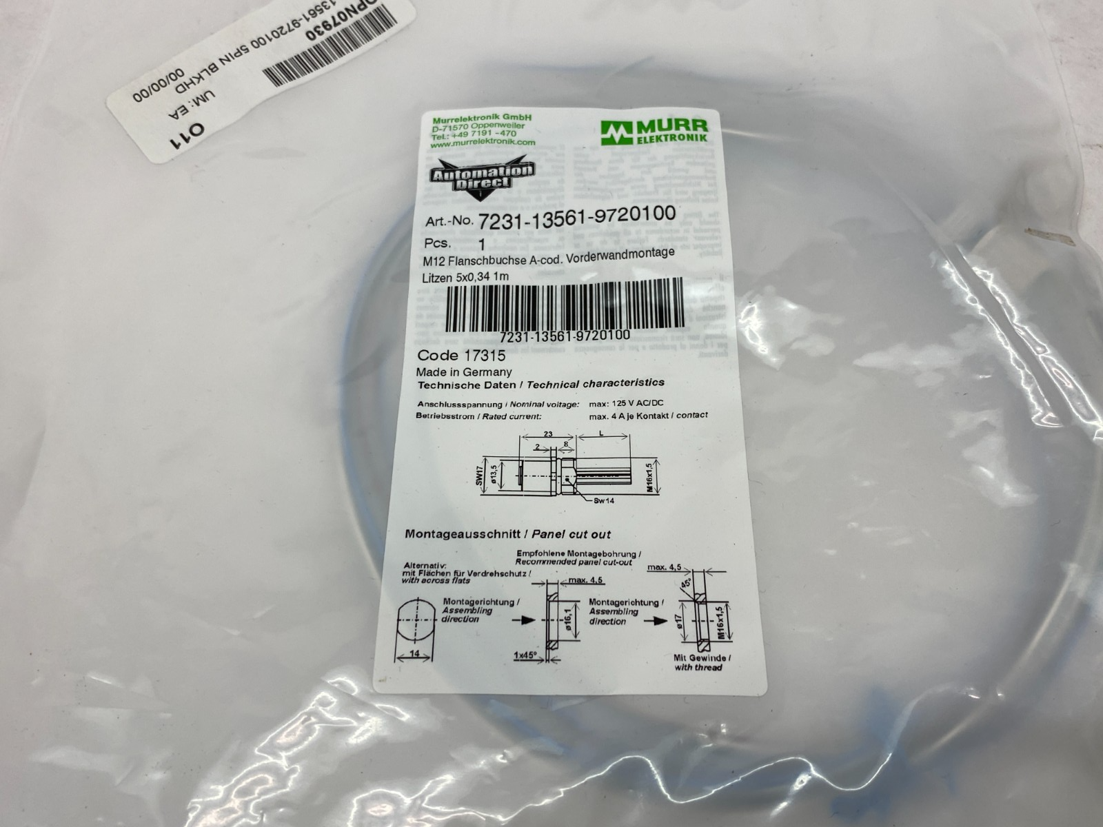 7231-13561-9720100 | Murrelektronik Bulkhead Pigtail Connector M12 A-coded - New - Maverick Industrial Sales