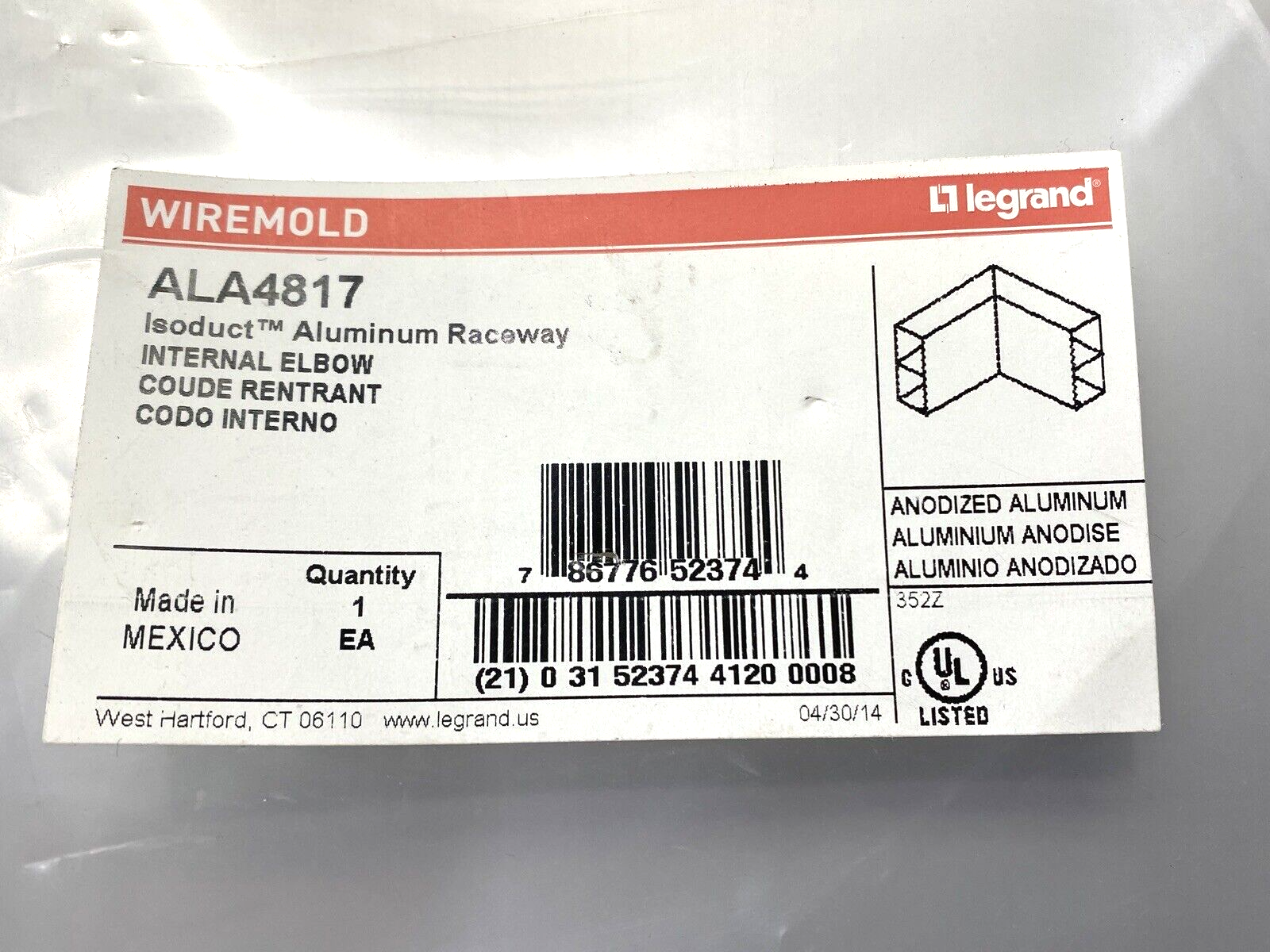 Wiremold ALA4817 Internal Right Angle Elbow Aluminum Raceway - Maverick Industrial Sales