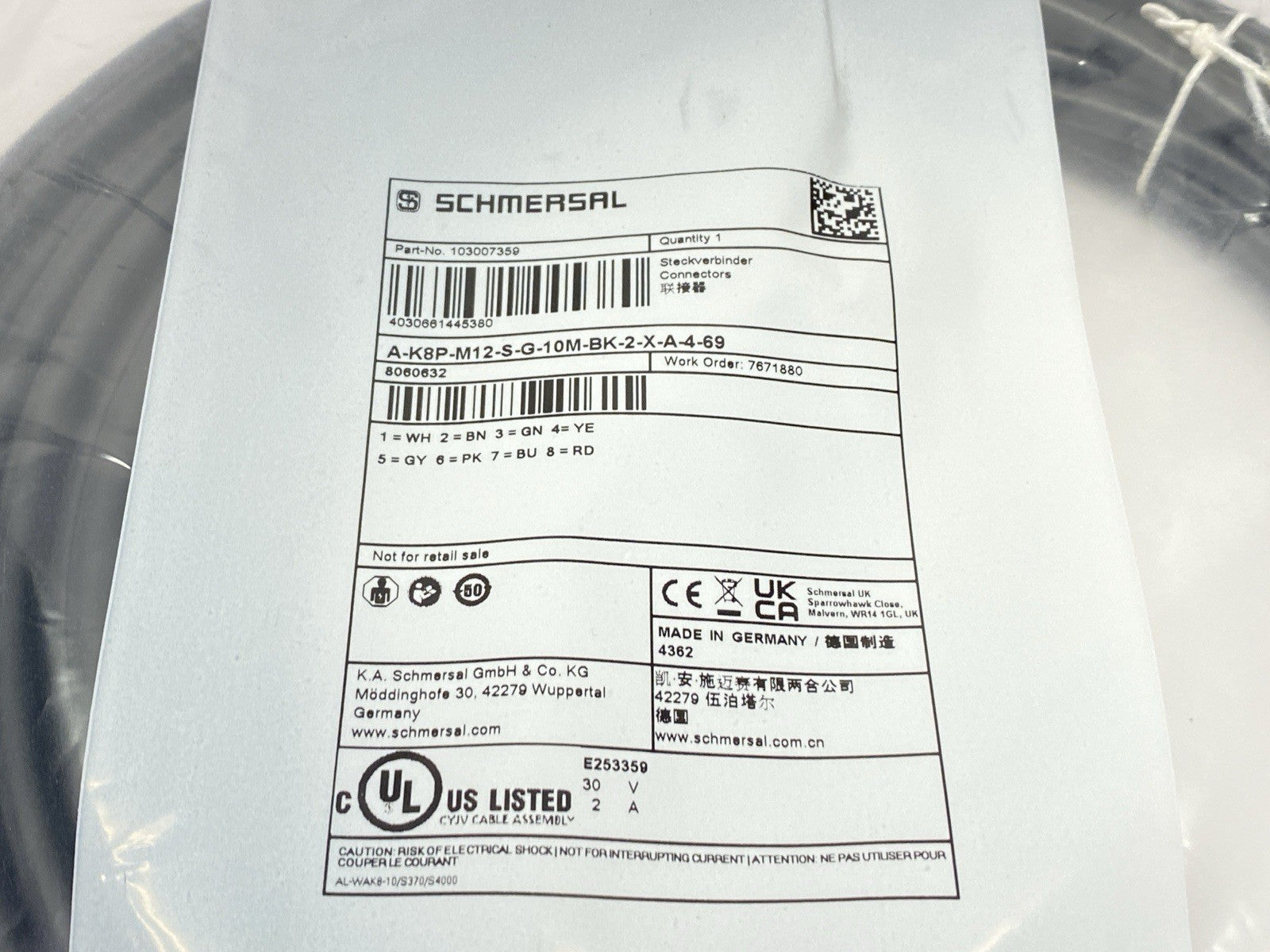 A-K8P-M12-S-G-10M-BK-2-X-A-4-69 | Schmersal Cordset Female M12 8-Pin 10m 103007359 - New - Maverick Industrial Sales