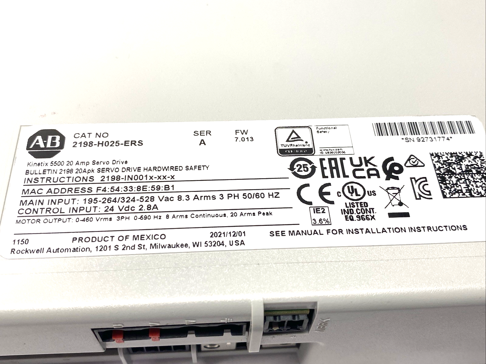Allen Bradley 2198-H025-ERS Ser A Kinetix 5500 Servo Drive, 20A, 3PH, 2.4/5.1 kW - Maverick Industrial Sales