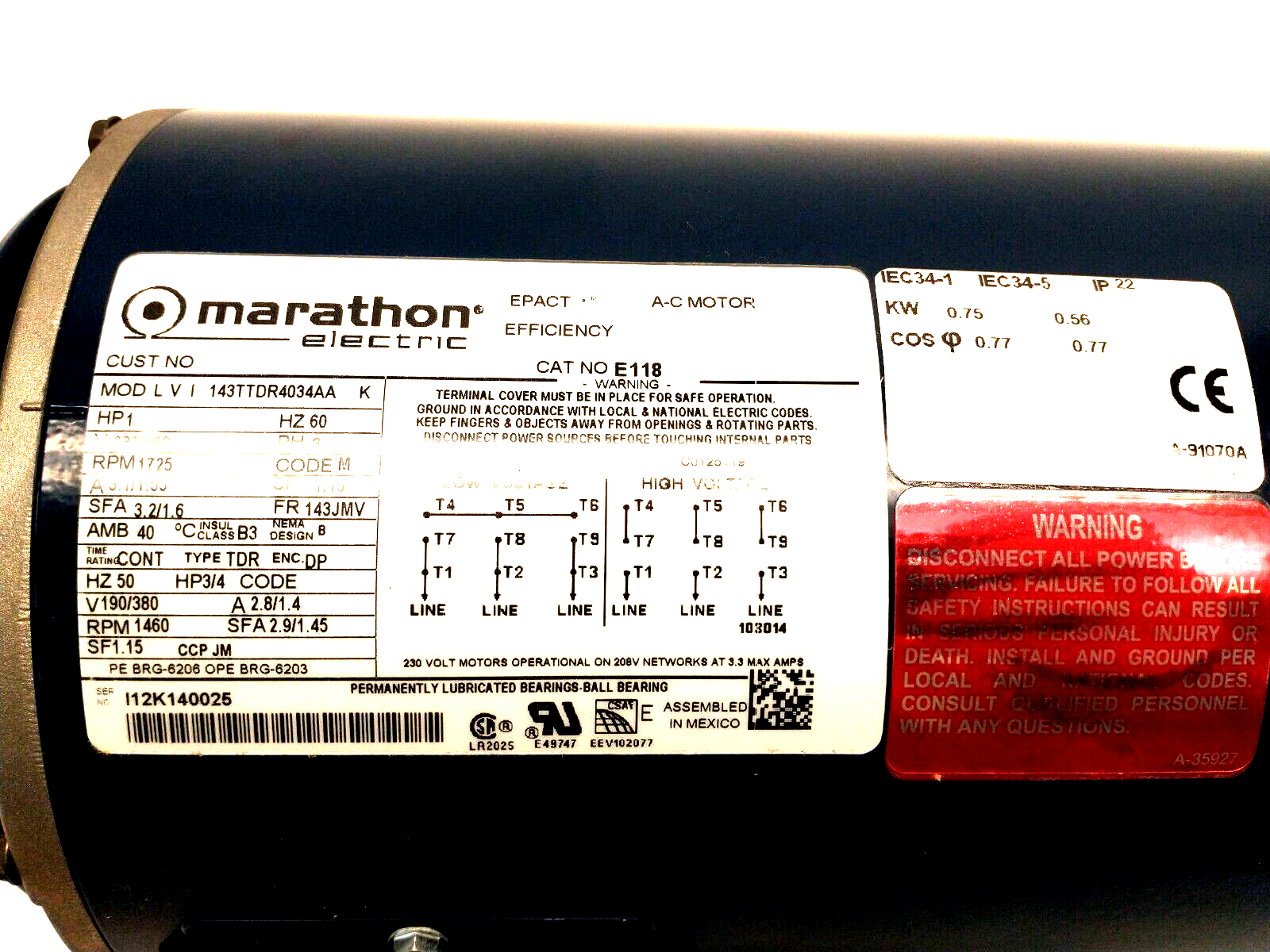 Marathon Electric MOD LVI 143TTDR4034AA K AC Motor 1HP 3PH 230/460V 1725 RPM - New – Open box - Maverick Industrial Sales