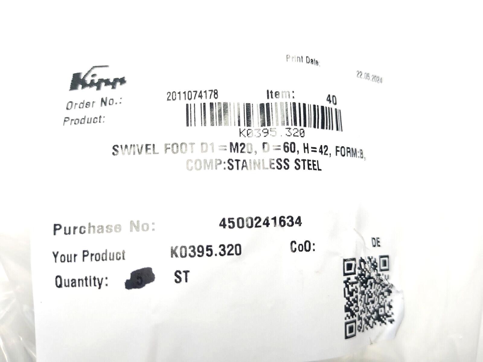 Kipp K0395.320 Stainless Steel Swivel Foot, M20 Thread, 60mm Dia. x 42mm Height - Maverick Industrial Sales