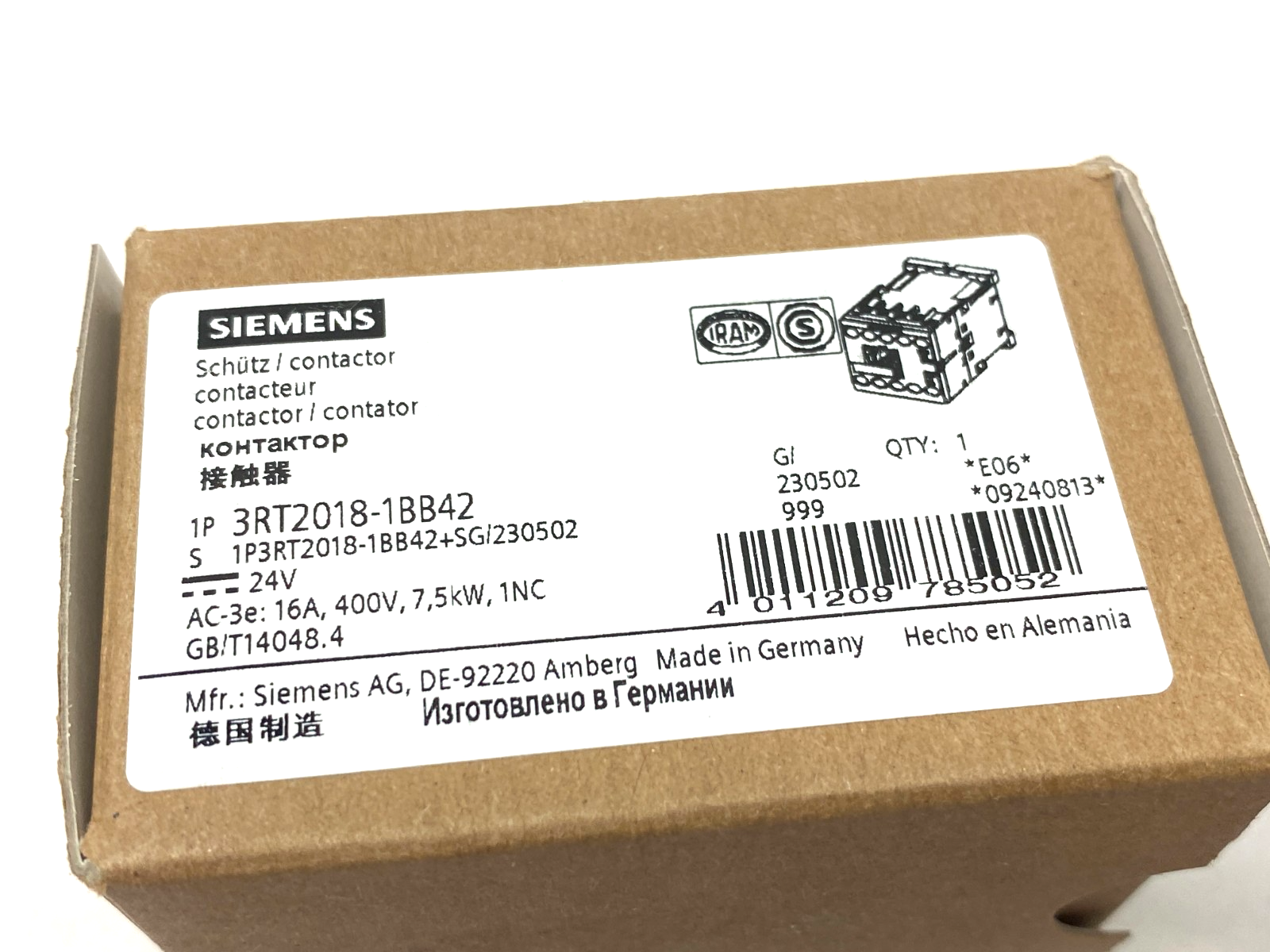 Siemens 3RT2018-1BB42 Sirius Contactor 16A, 400V, 7.5kW, 1NC - Maverick Industrial Sales