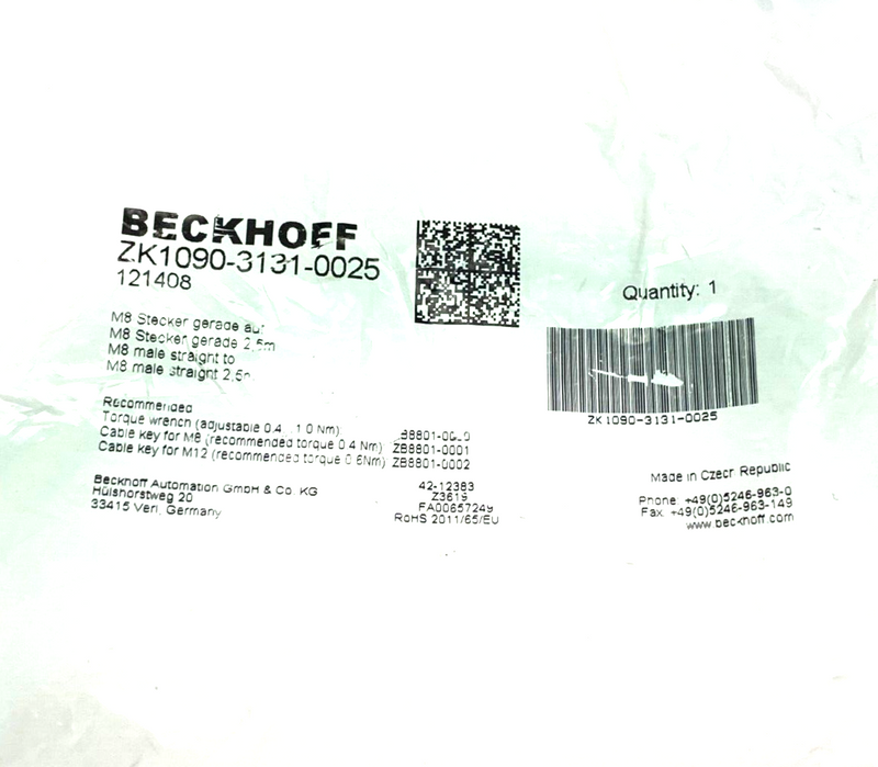 Beckhoff ZK1090-3131-0025 EtherCAT Double Ended Cordset M8 Male to M8 Male 2.5m - Maverick Industrial Sales