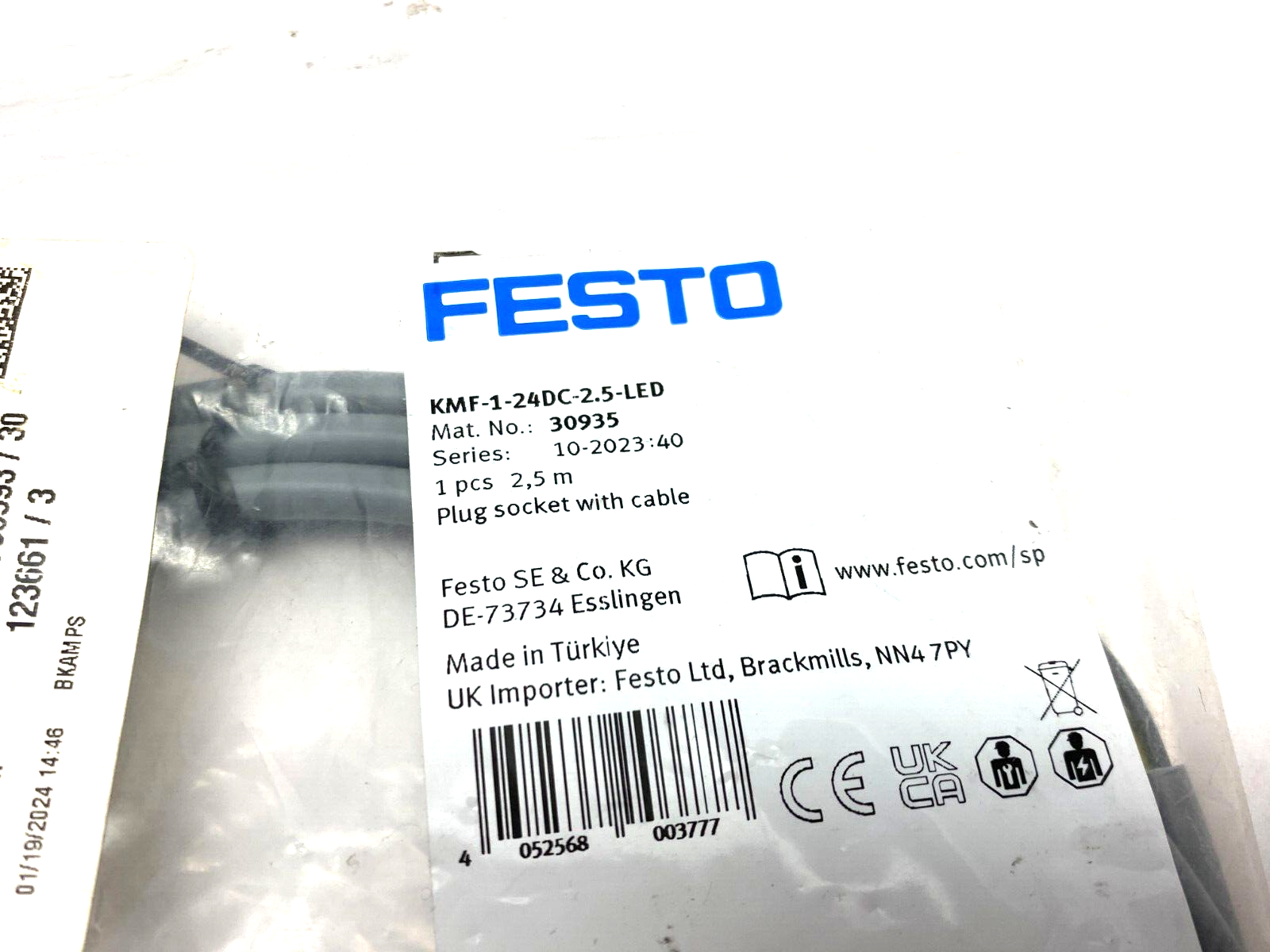 Festo KMF-1-24DC-2.5-LED Valve Plug Socket w/ Cable 2.5m Length 30935 - Maverick Industrial Sales