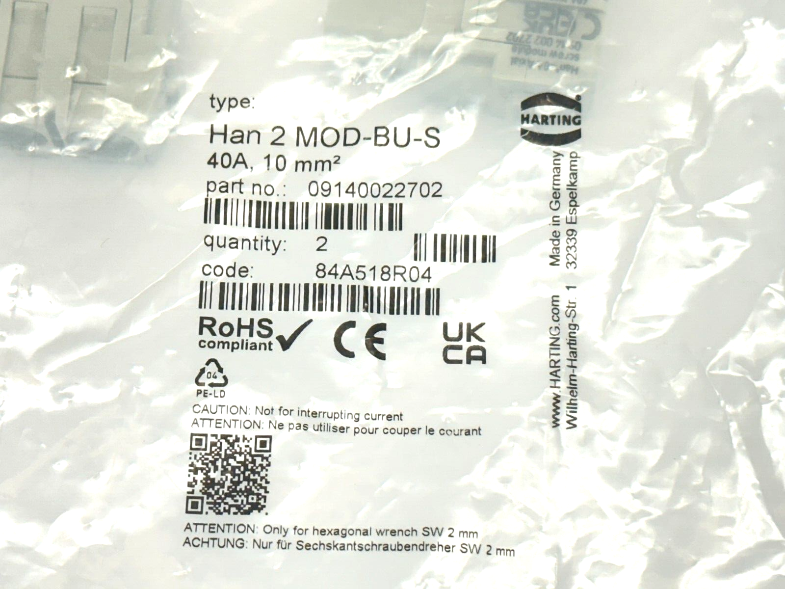 Harting 09140022702 Han Connector 2 MOD-BU-S Male 40A Pack Of 2 - Maverick Industrial Sales