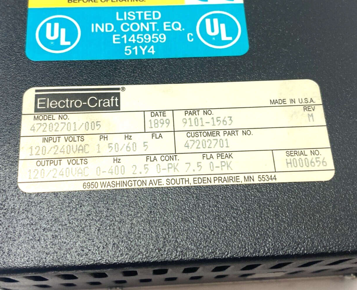 Electro-Craft 47202701/005 BRU Ser Advantage Line Servo Drive 1-Phase 9101-1563 - Maverick Industrial Sales