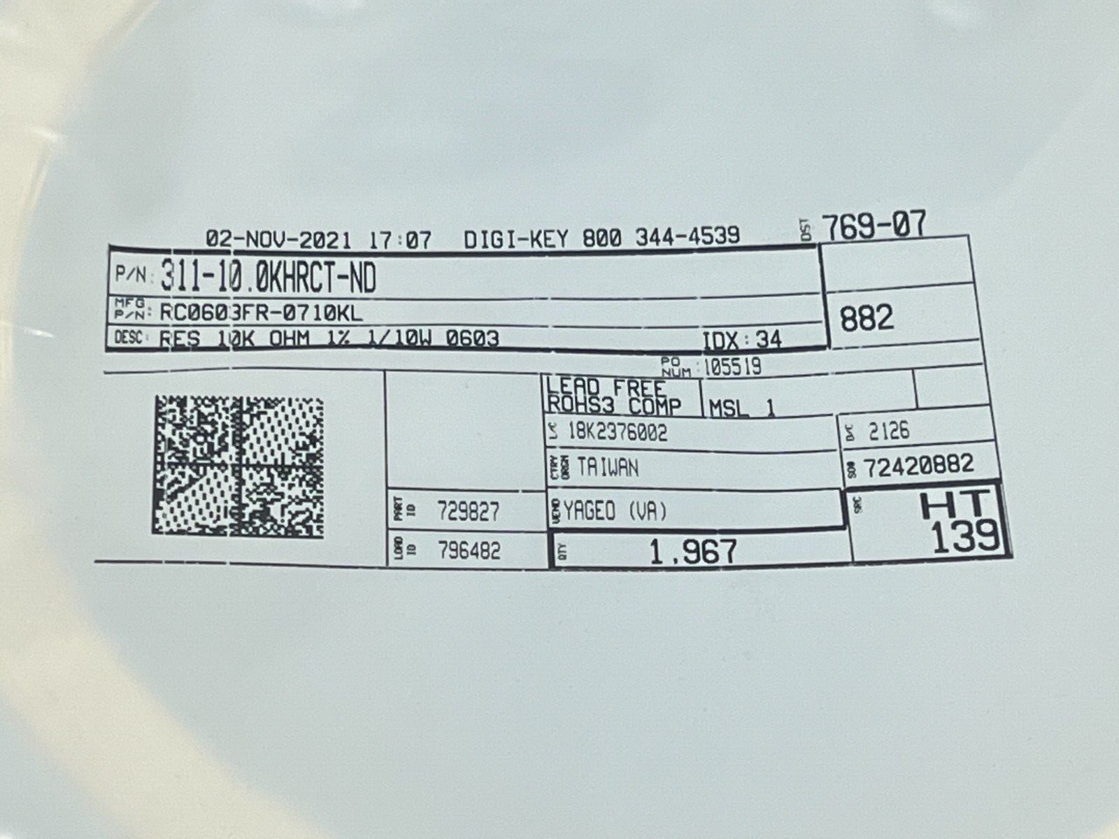 Yageo RC0603FR-0710KL Thick Film Resistors SMD 10 kOhms 100mW 0603 3300QTY - Maverick Industrial Sales